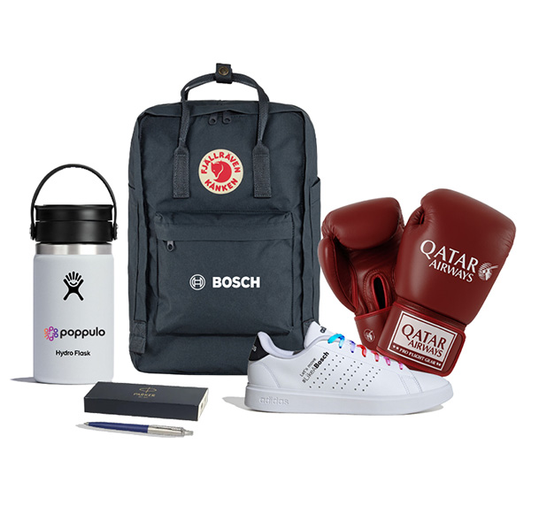 Top-brand merchandise including a Bosch backpack, branded bottle and boxing gloves