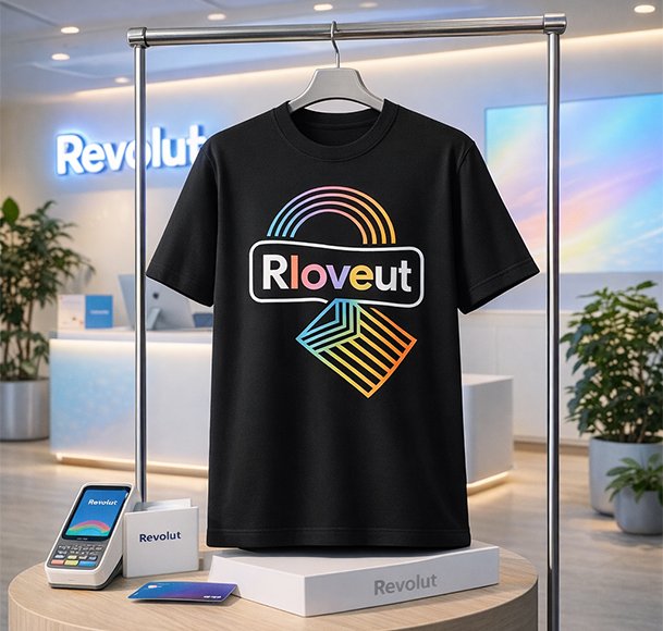 Revolut branded black Pride Week t-shirt on store workwear display