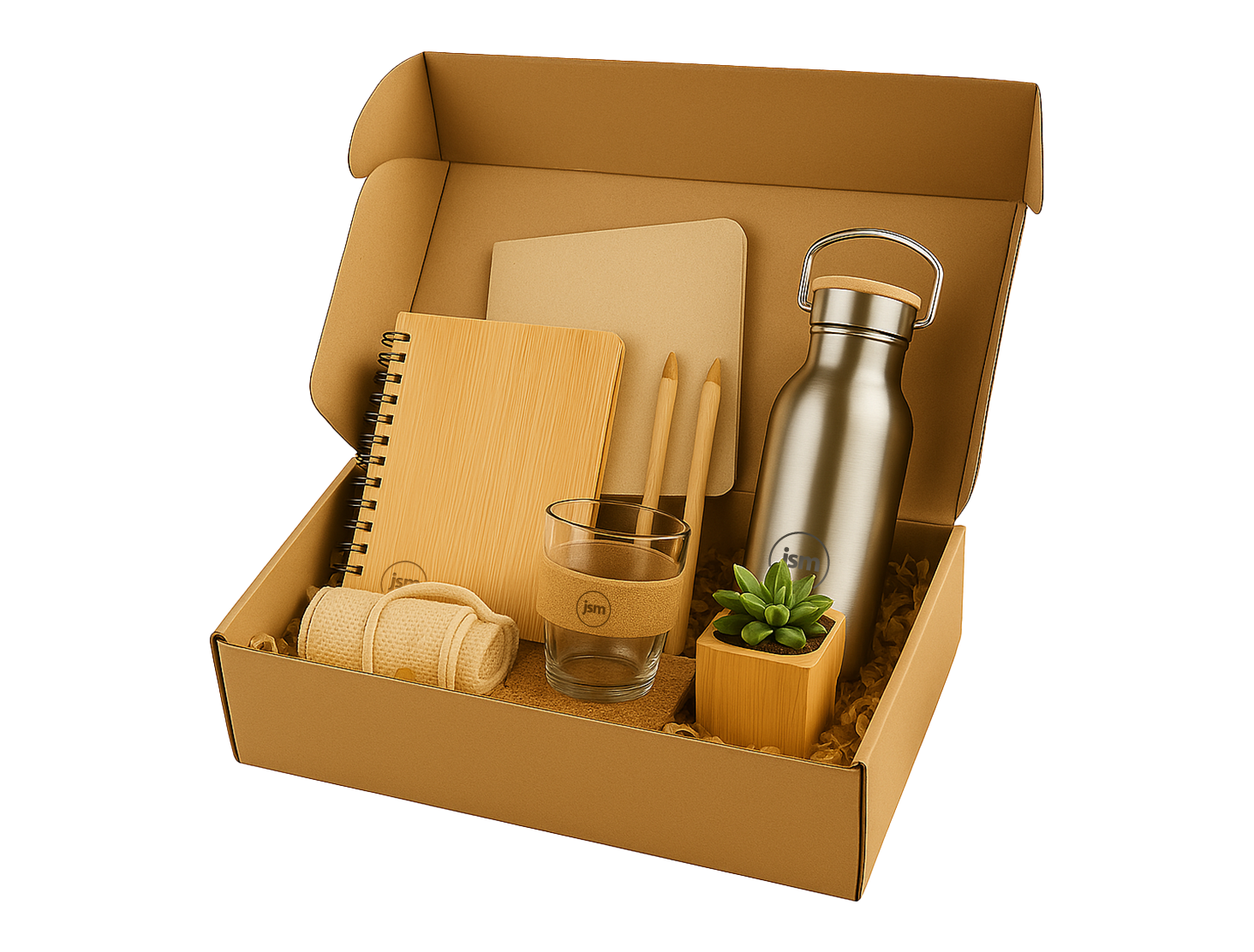 Eco-friendly branded merchandise gift box with bamboo notebook, steel bottle and plant