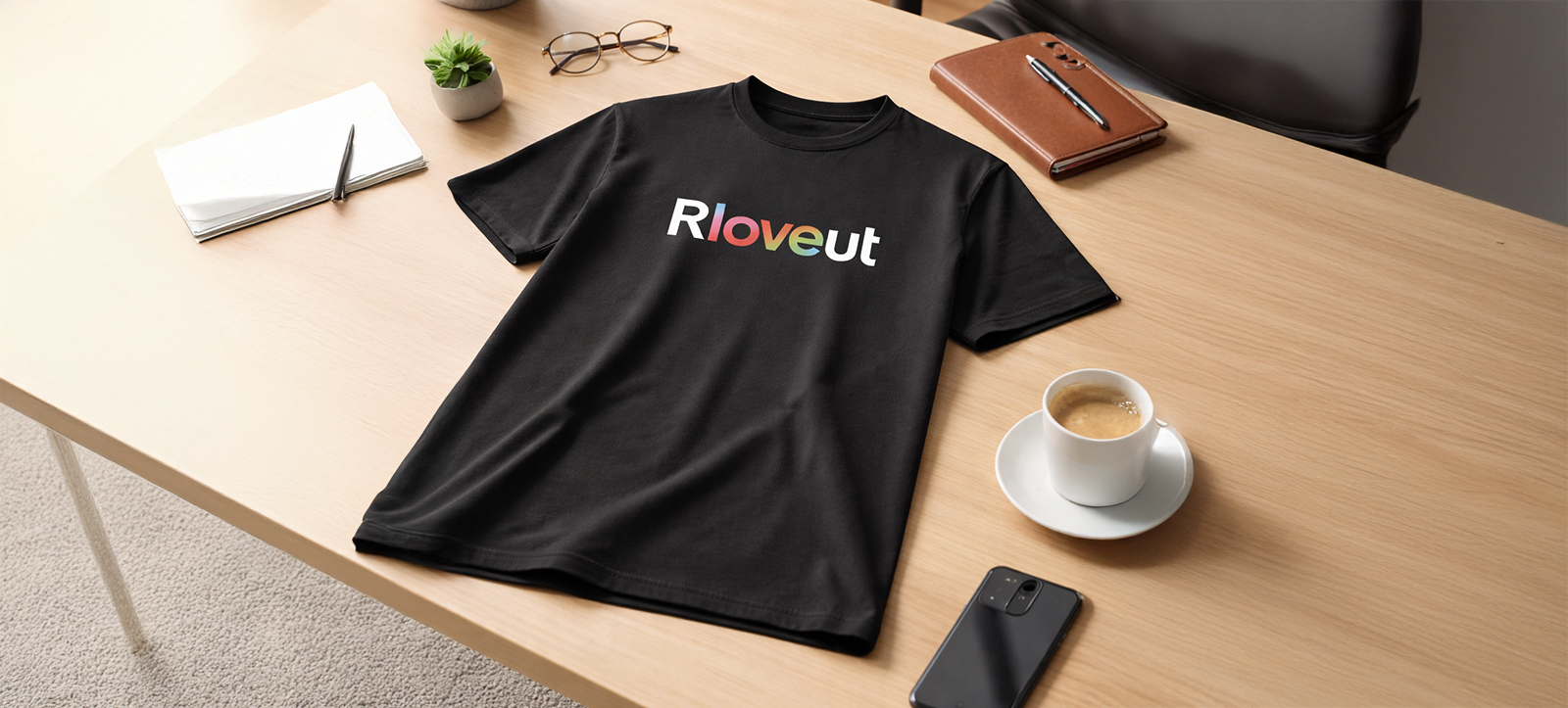 Revolut Pride Week branded t-shirt collection on office workwear table