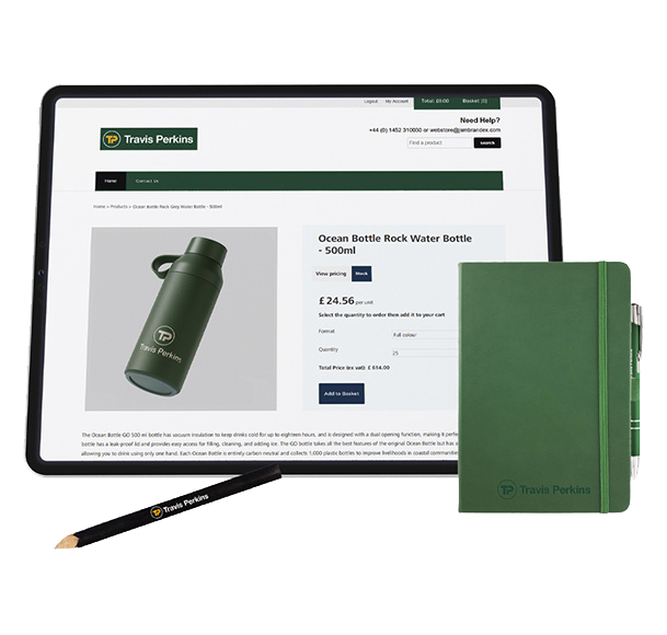 Travis Perkins branded webshop, notebook and pencil