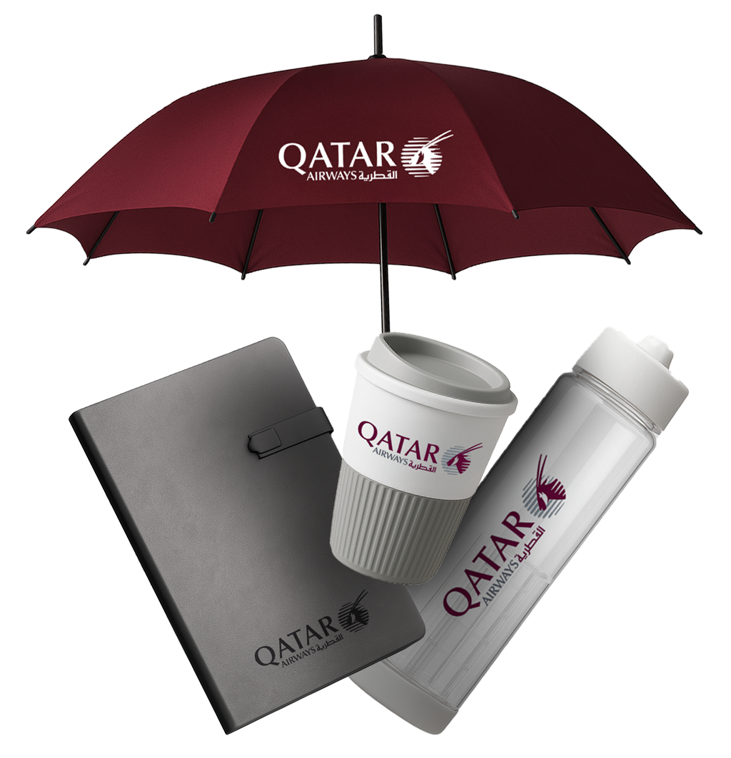 Qatar Airways branded umbrella, notebook, travel cup and water bottle