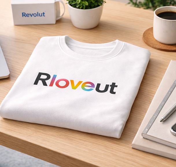 Revolut branded white Pride Week t-shirt on staff workwear display