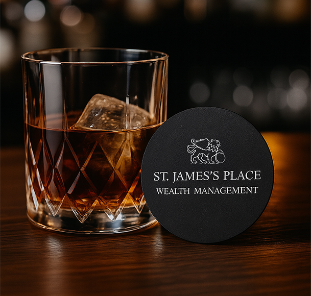 St James's Place branded coaster and whisky glass