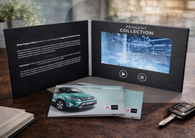 Branded video card brochure with car key on a desk