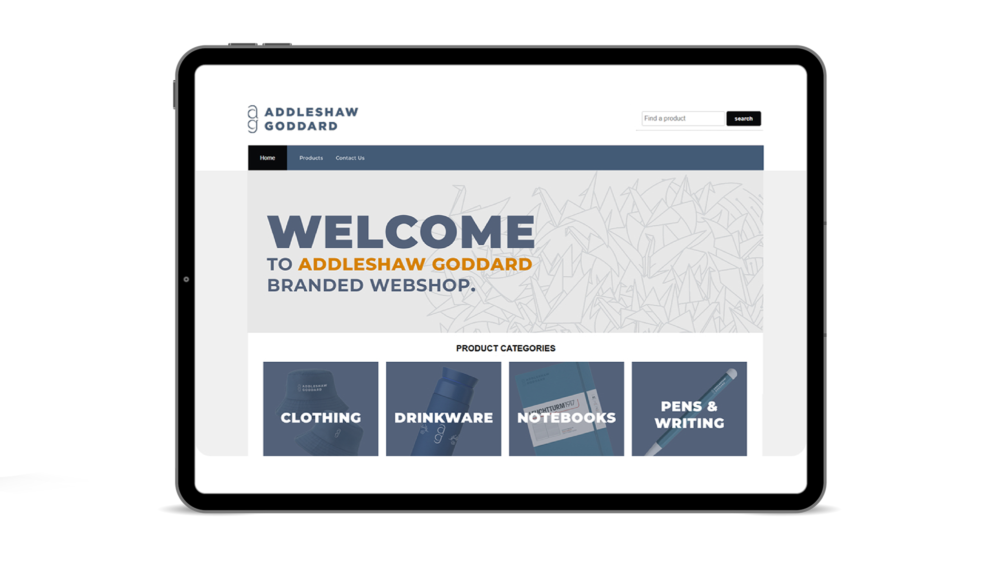 A branded corporate webshop shown on an iPad